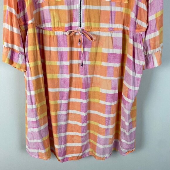 Torrid Peach Plaid Stretch Challis Shirt Dress Womens 3X Tie Waist Collar V Neck - Picture 3 of 10